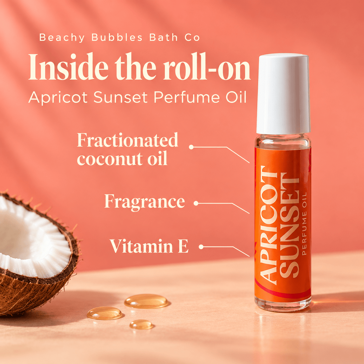 Beachy Bubbles Bath Co Apricot Sunset Perfume Oil ingredients: fractionated coconut oil, fragrance and vitamin E.