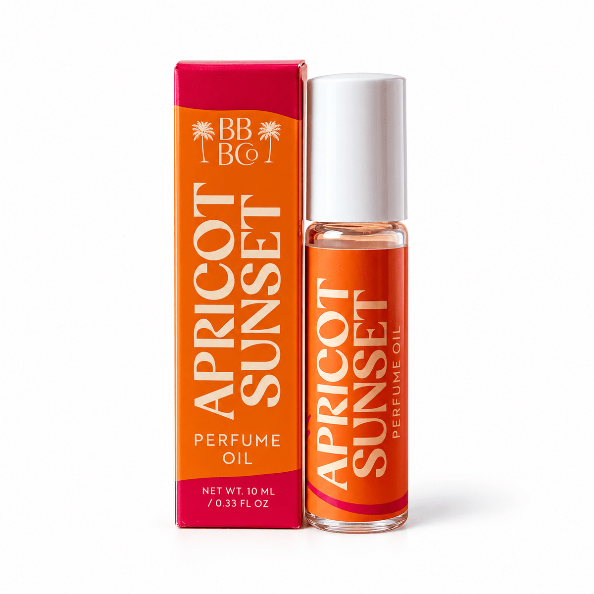 Beachy Bubbles Bath Co Apricot Sunset Perfume Oil 10 mL glass bottle and matching orange-and-pink carton on white.