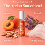 Apricot Sunset perfume oil fragrance notes from Beachy Bubbles Bath Co: apricot, lavender, sandalwood and white musk.