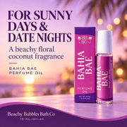 Bahia Bae floral coconut perfume oil for sunny days and date nights, shown with its matching carton in a coastal evening scene.