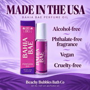 Bahia Bae perfume oil is made in the USA, alcohol-free, vegan, and cruelty-free, with phthalate-free fragrance.