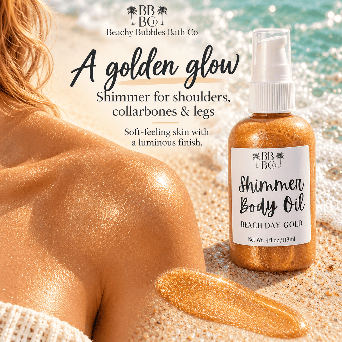 Beach Day Gold Shimmer Body Oil gives a golden glow for highlighting shoulders, collarbones, and legs