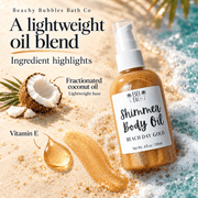 Beach Day Gold Shimmer Body Oil ingredient highlights: fractionated coconut oil and vitamin E