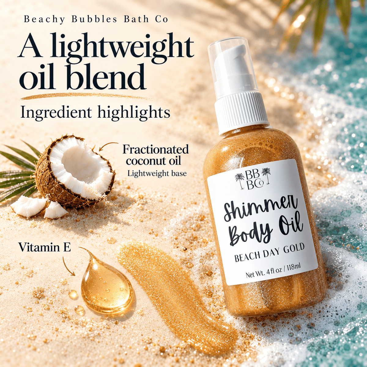 Beach Day Gold Shimmer Body Oil ingredient highlights: fractionated coconut oil and vitamin E