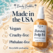 Beach Day Gold Shimmer Body Oil is made in the USA, vegan, cruelty-free, and phthalate-free, with recyclable packaging