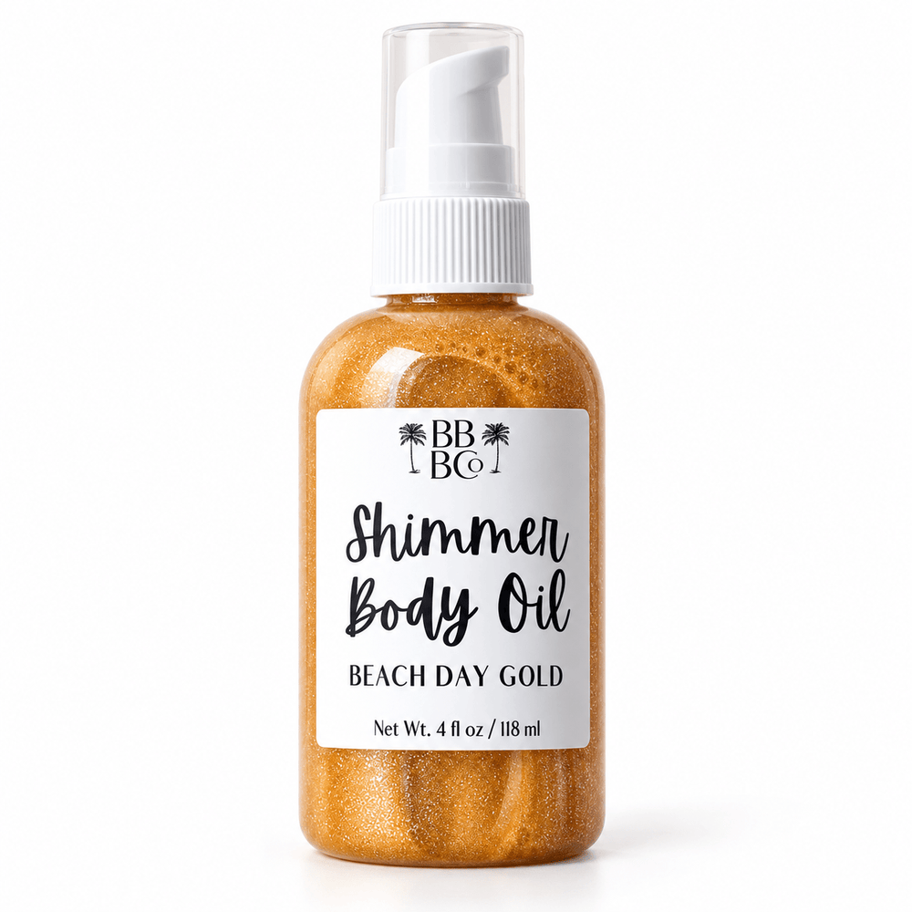 Beachy Bubbles Bath Co Beach Day Gold Shimmer Body Oil, one 4 fl oz / 118 ml bottle on white
