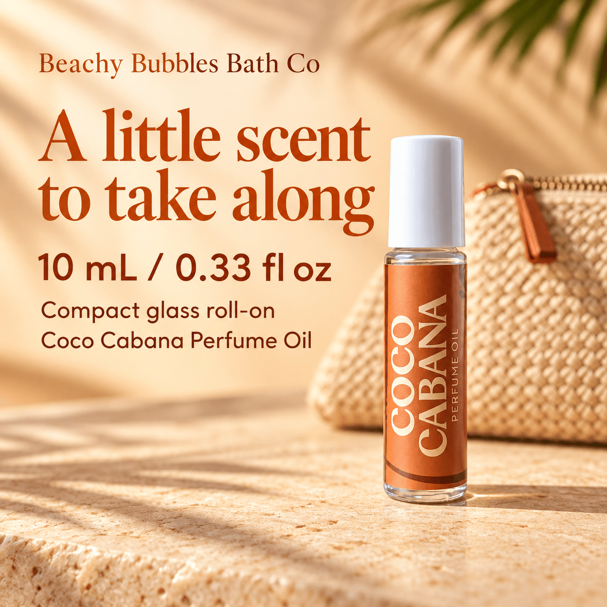 Beachy Bubbles Bath Co Coco Cabana compact glass roll-on perfume oil, 10 mL / 0.33 fl oz, styled beside a pouch.