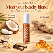 Coco Cabana fragrance notes: creamy coconut, driftwood, warm vanilla and golden amber around the Beachy Bubbles Bath Co perfume oil.