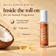 Beachy Bubbles Bath Co Coco Cabana Perfume Oil formula: fractionated coconut oil, fragrance and vitamin E.