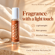 Beachy Bubbles Bath Co Coco Cabana Perfume Oil highlighting its lightweight, non-greasy and alcohol-free formula.