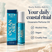Beachy Bubbles Bath Co Oceanaire Perfume Oil and carton with alcohol-free, vegan, and cruelty-free product details.