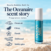 Beachy Bubbles Bath Co Oceanaire Perfume Oil with its ocean air, citrus, florals, driftwood, and subtle spice fragrance notes.