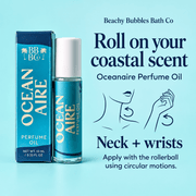 Beachy Bubbles Bath Co Oceanaire Perfume Oil application guide: use the rollerball on the neck and wrists with circular motions.