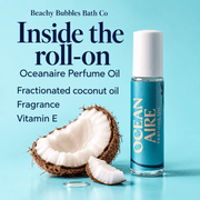 Beachy Bubbles Bath Co Oceanaire Perfume Oil ingredients: fractionated coconut oil, fragrance, and vitamin E.