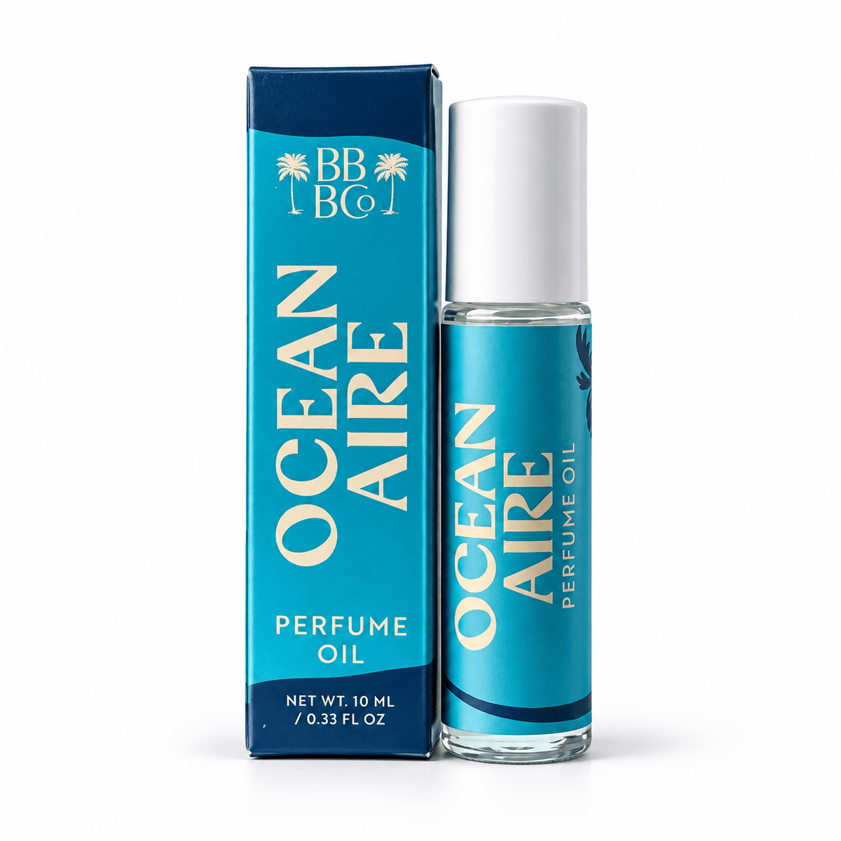 Beachy Bubbles Bath Co Oceanaire Perfume Oil 10 mL glass bottle and matching turquoise-and-navy carton on white.