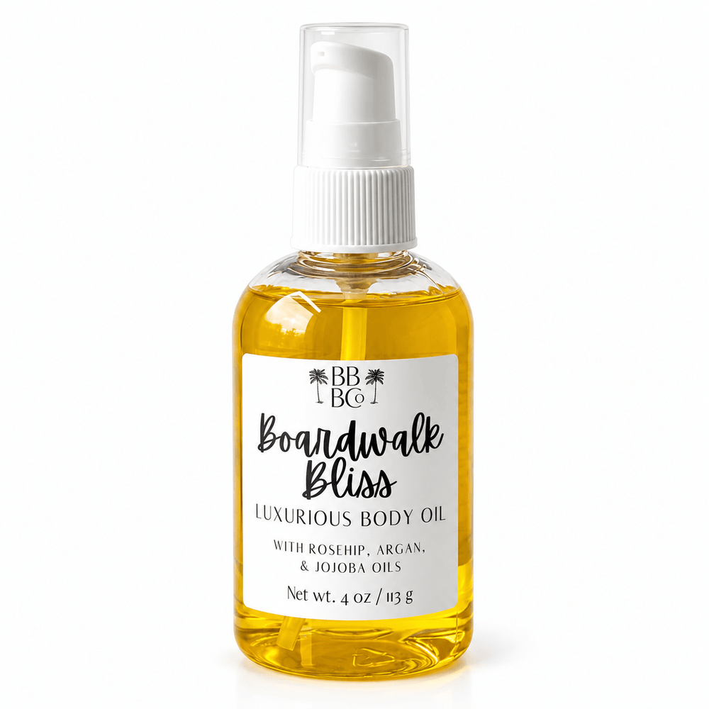 Beachy Bubbles Bath Boardwalk Bliss Luxurious Body Oil, one 4 oz bottle on white