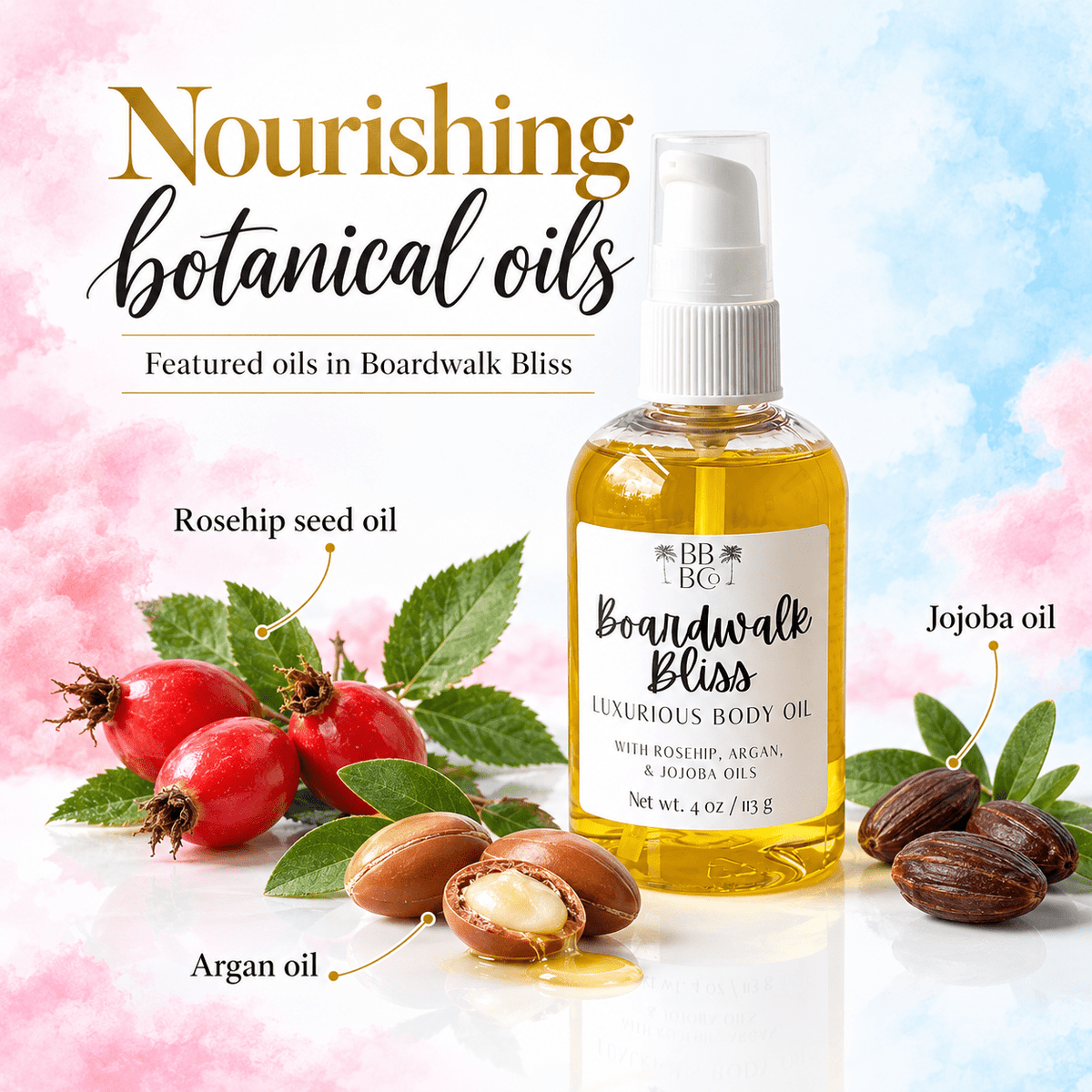 Boardwalk Bliss body oil featuring rosehip seed oil, argan oil and jojoba oil