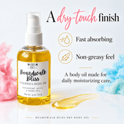 Boardwalk Bliss dry body oil with a fast-absorbing texture and non-greasy feel