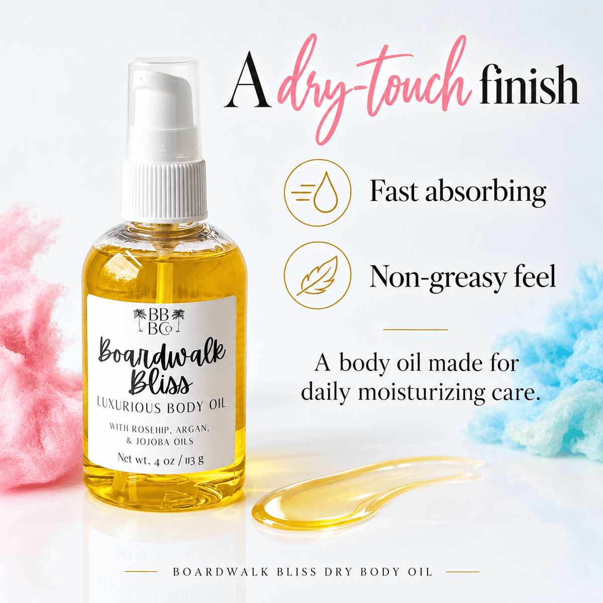 Boardwalk Bliss dry body oil with a fast-absorbing texture and non-greasy feel