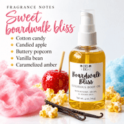 Boardwalk Bliss fragrance notes: cotton candy, candied apple, buttery popcorn, vanilla bean and caramelized amber