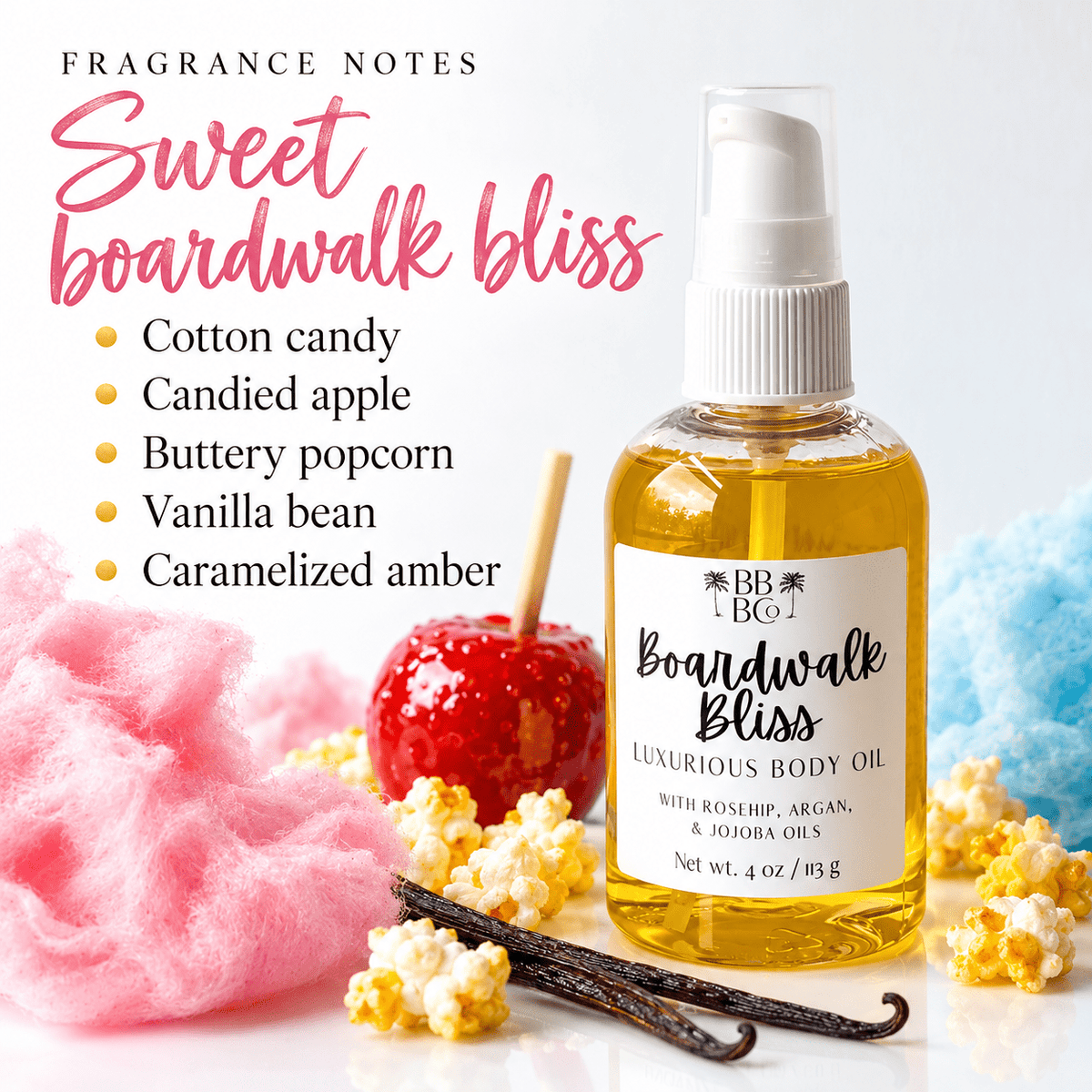 Boardwalk Bliss fragrance notes: cotton candy, candied apple, buttery popcorn, vanilla bean and caramelized amber