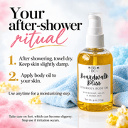 How to use Boardwalk Bliss body oil: apply after showering while skin is slightly damp; stop use if irritation occurs and take care on slippery feet