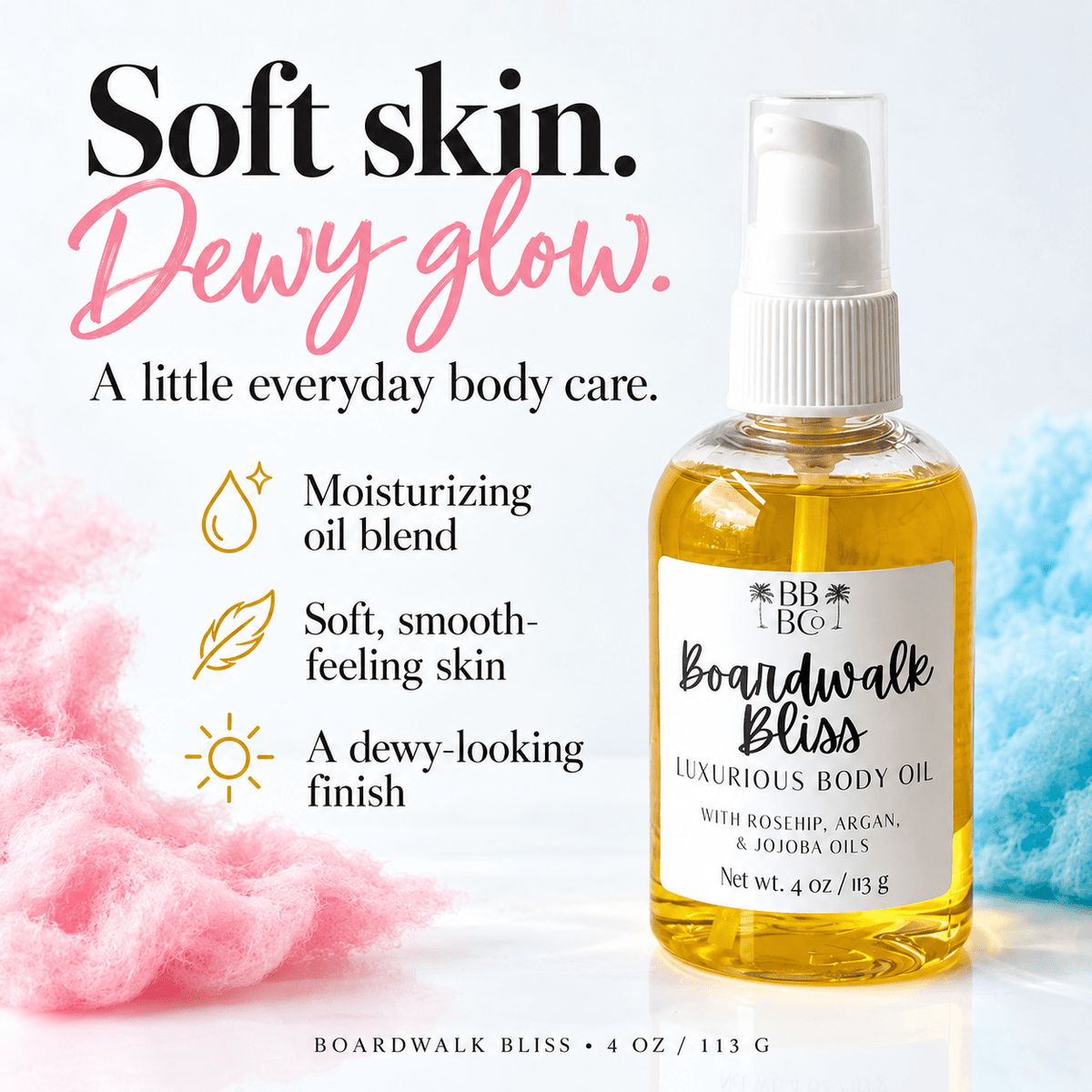 Boardwalk Bliss body oil benefits: moisturizing oil blend, soft smooth-feeling skin and a dewy-looking finish