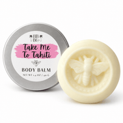 Beachy Bubbles Bath Co Take Me To Tahiti Body Balm with ivory bee design and pink-labeled silver travel tin on white, 1.4 oz / 40 g.