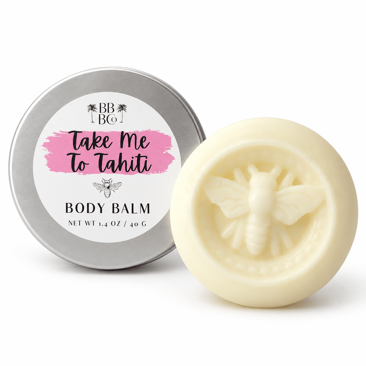 Beachy Bubbles Bath Co Take Me To Tahiti Body Balm with ivory bee design and pink-labeled silver travel tin on white, 1.4 oz / 40 g.