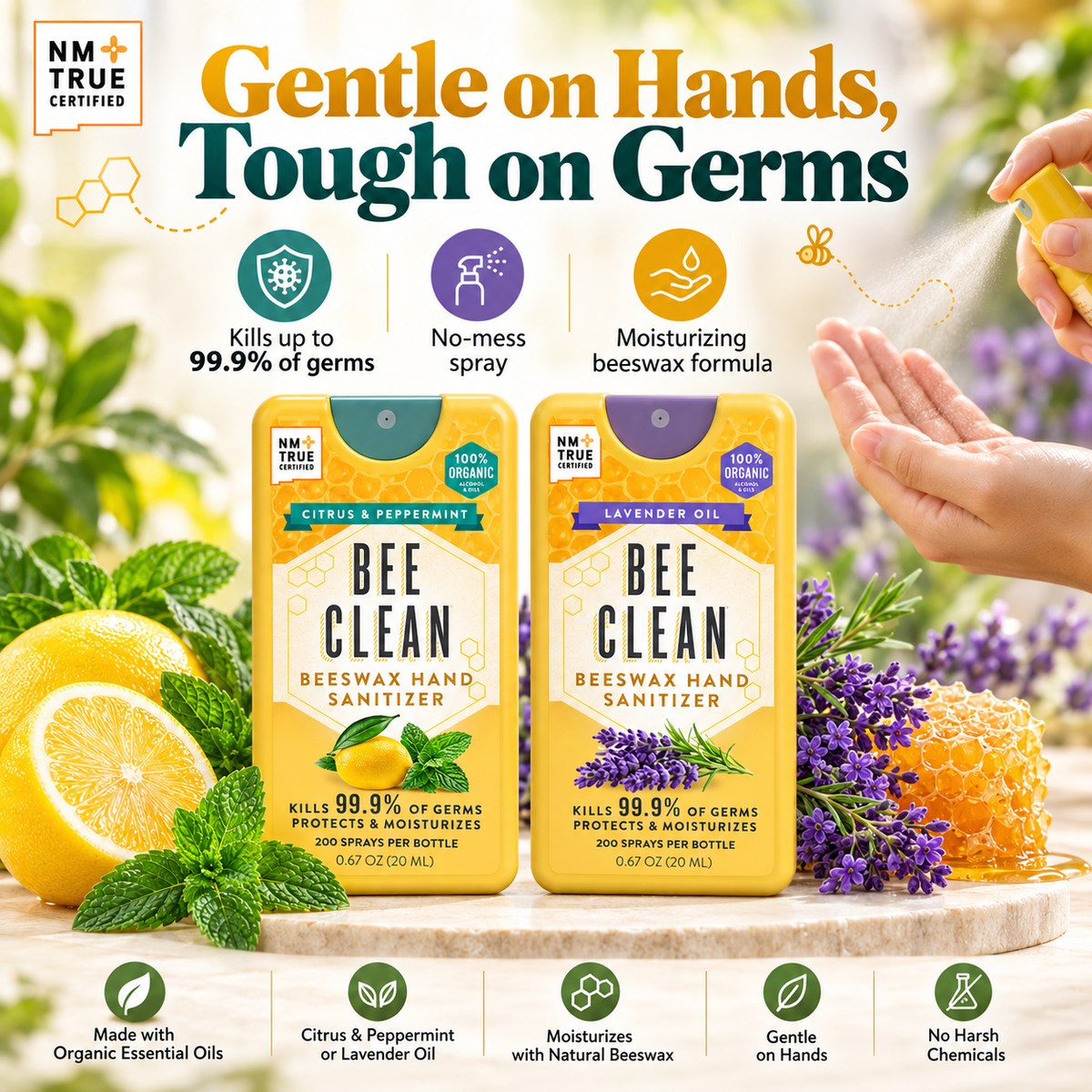 Bee Clean Beeswax Hand Sanitizer gentle on hands tough on germs infographic
