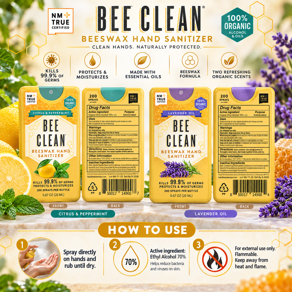 Bee Clean Beeswax Hand Sanitizer directions and safety infographic
