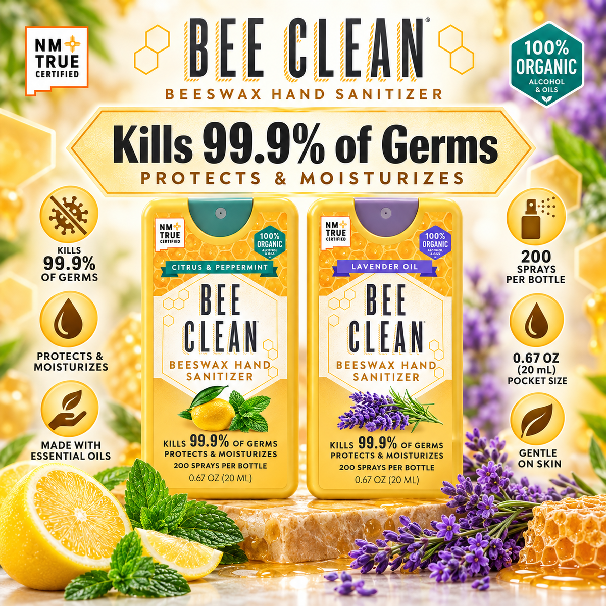 Bee Clean Beeswax Hand Sanitizer kills 99.9% of germs infographic