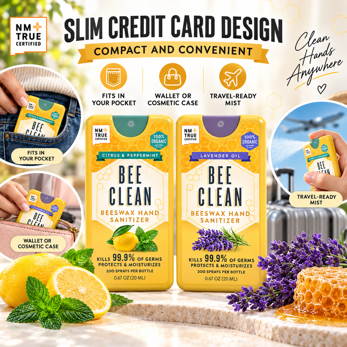 Bee Clean Beeswax Hand Sanitizer slim credit card design infographic