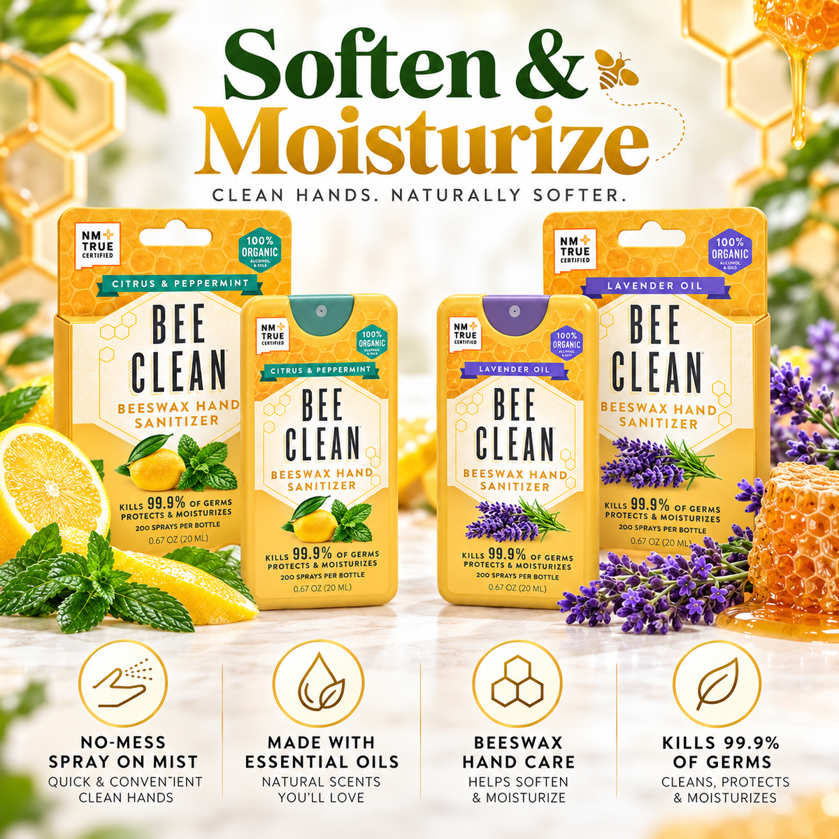 Bee Clean Beeswax Hand Sanitizer soften and moisturize infographic