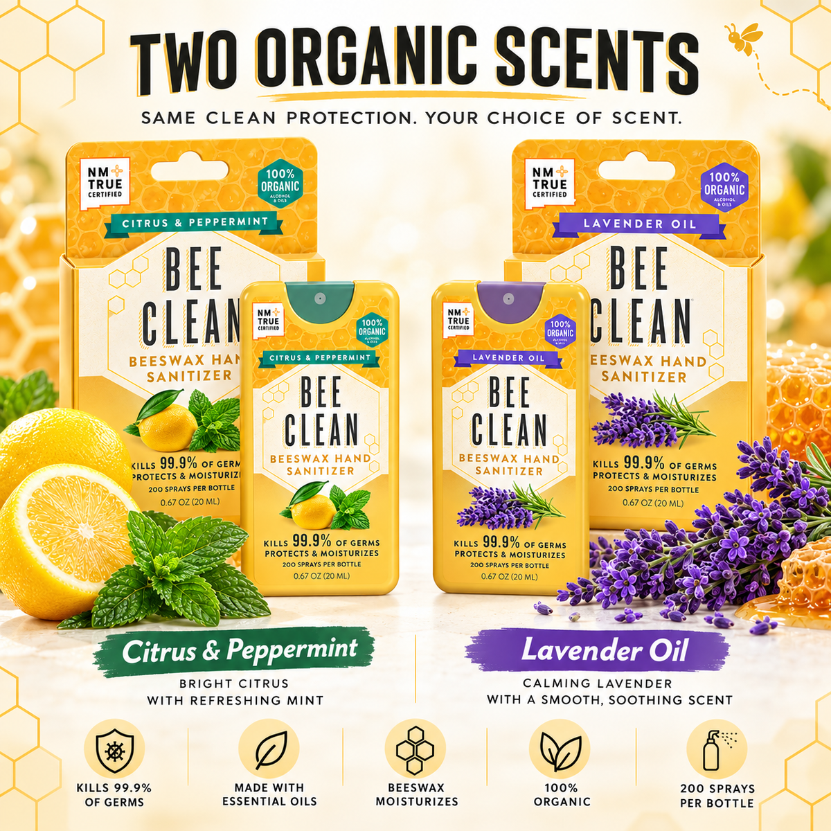 Bee Clean Beeswax Hand Sanitizer two scent options infographic