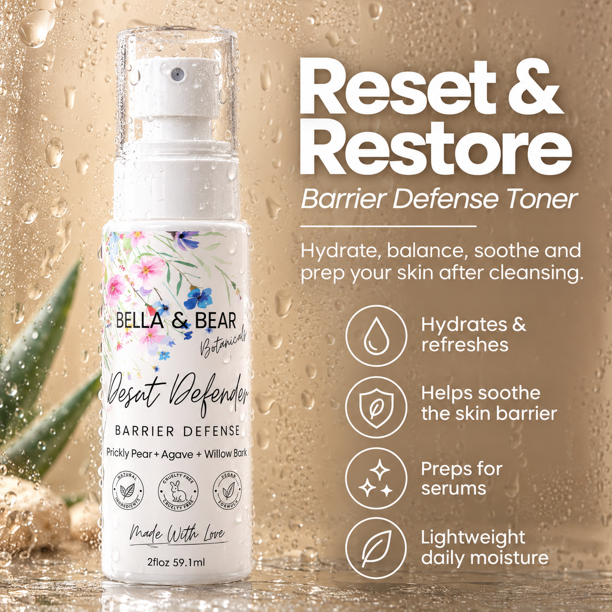 Desert Defender barrier defense toner hydration balance soothing and serum prep benefits