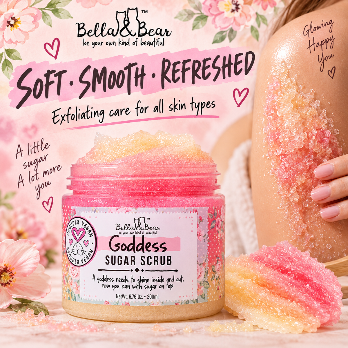 Bella & Bear Goddess Sugar Scrub soft smooth refreshed skin infographic