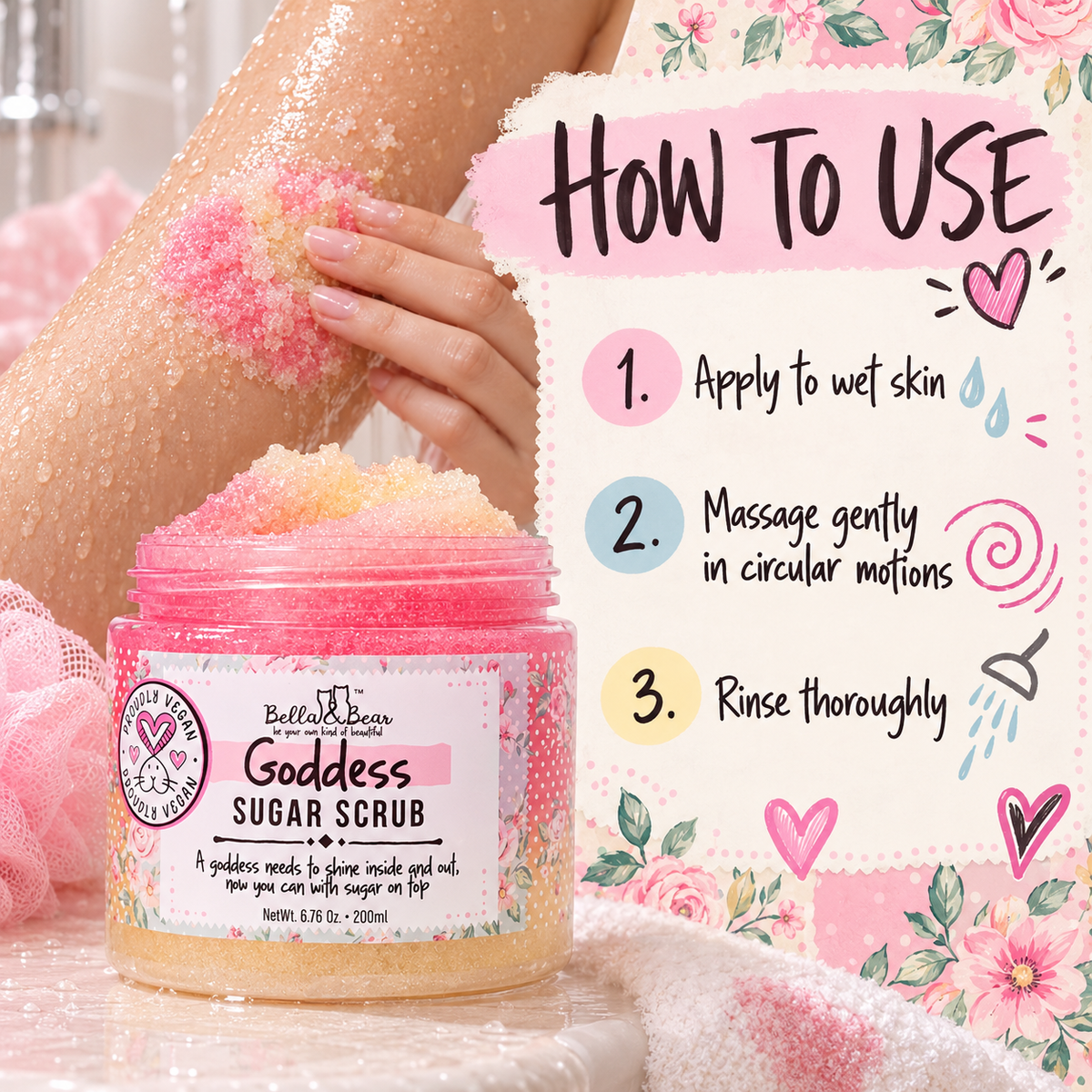 Bella & Bear Goddess Sugar Scrub how to use infographic