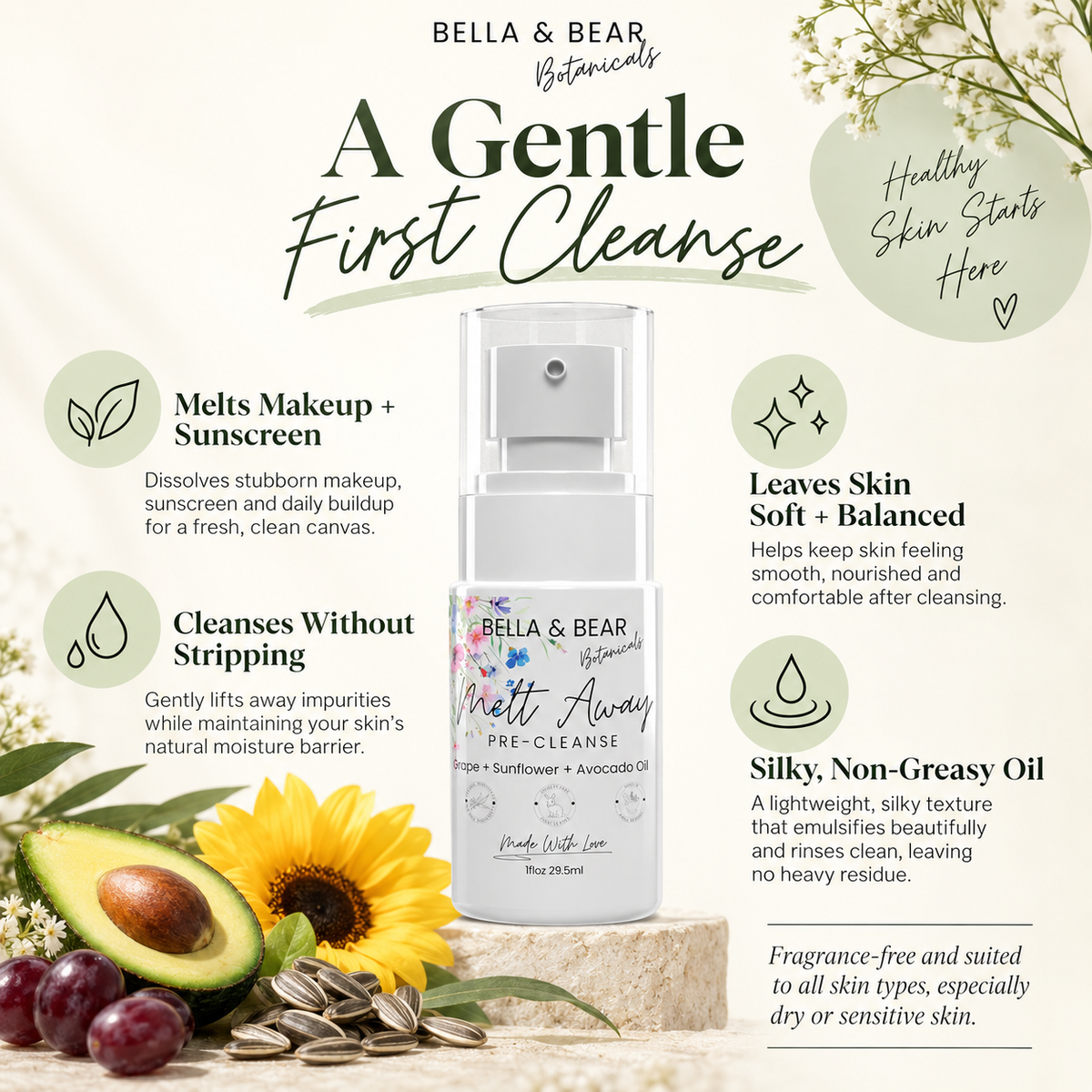 Bella & Bear Melt Away cleansing oil benefits infographic