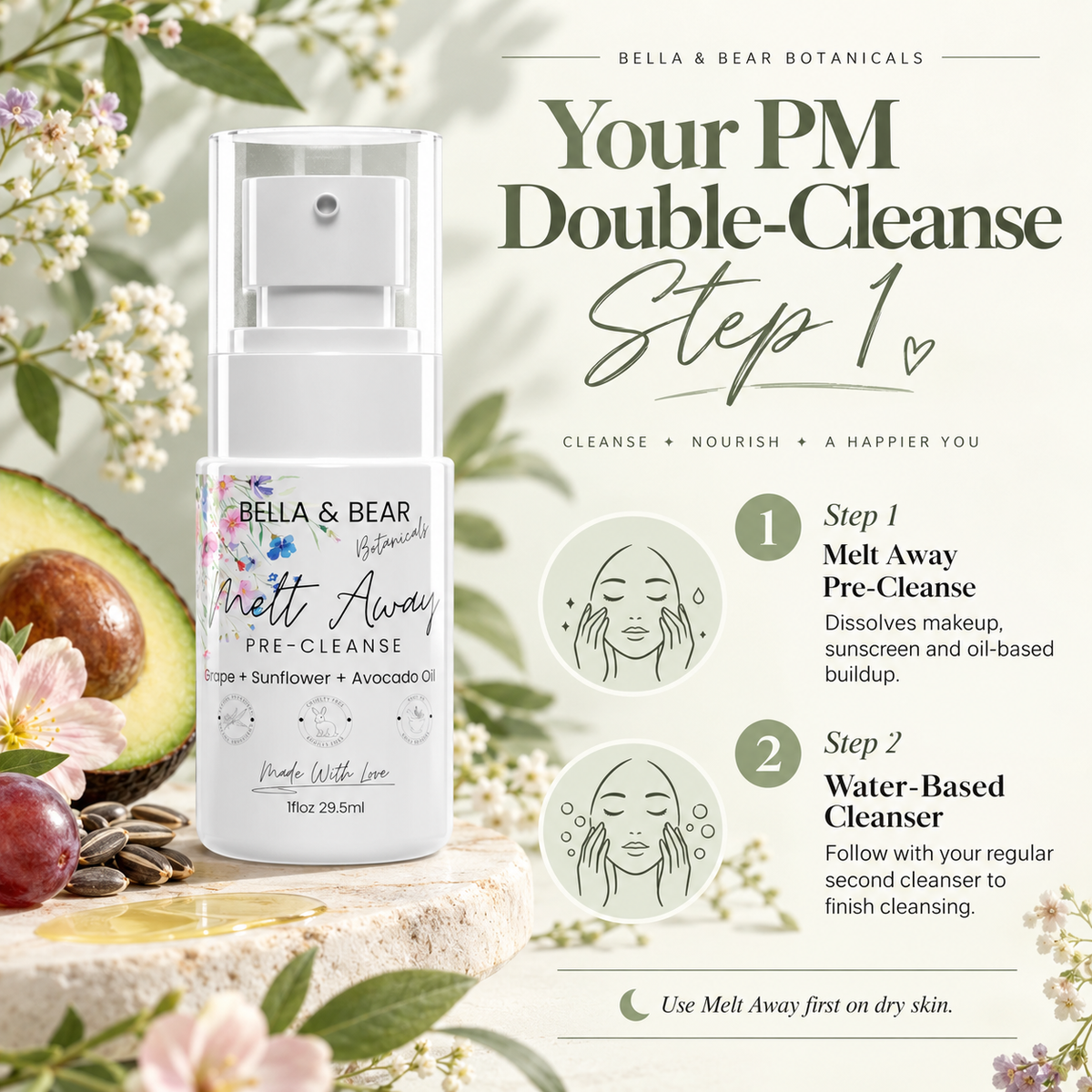 Bella & Bear Melt Away PM double cleanse infographic