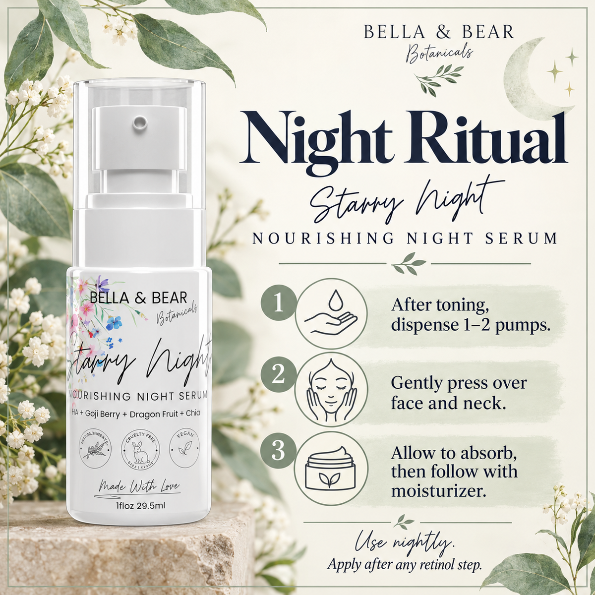 Starry Night nourishing night serum PM routine and how to use