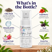 Starry Night serum key ingredients including goji berry chia dragon fruit acai green tea and hyaluronic acid