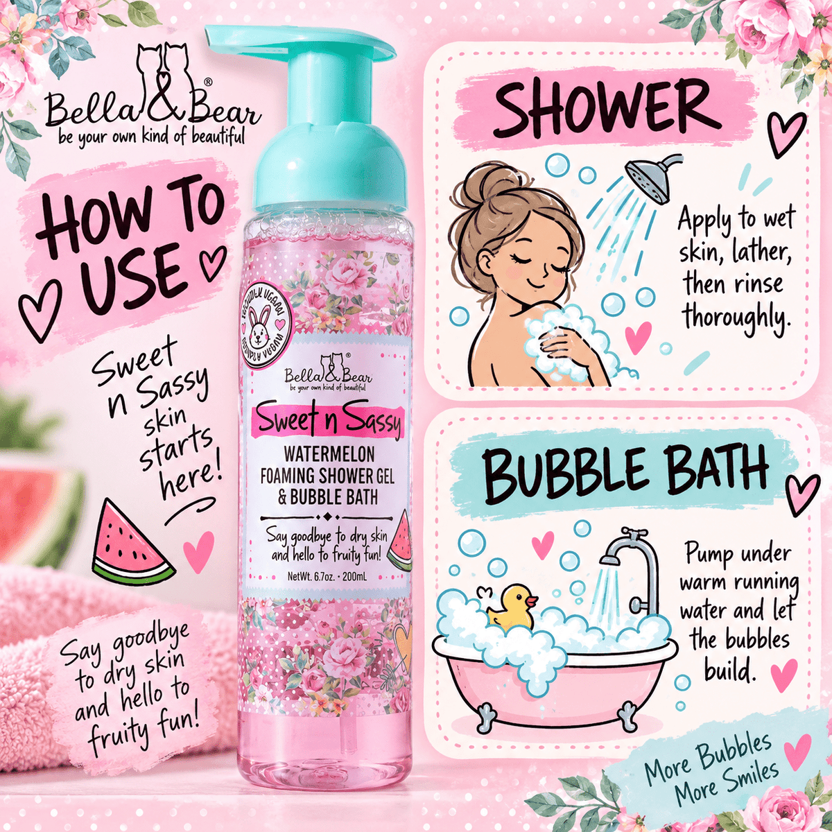Bella & Bear Sweet n Sassy how to use shower and bubble bath