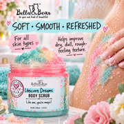 Bella & Bear Unicorn Dreams Body Scrub soft smooth refreshed skin infographic