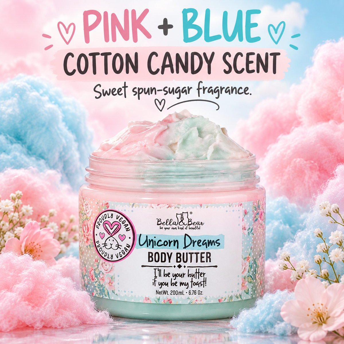 Bella & Bear Unicorn Dreams Body Butter cotton candy scent infographic
