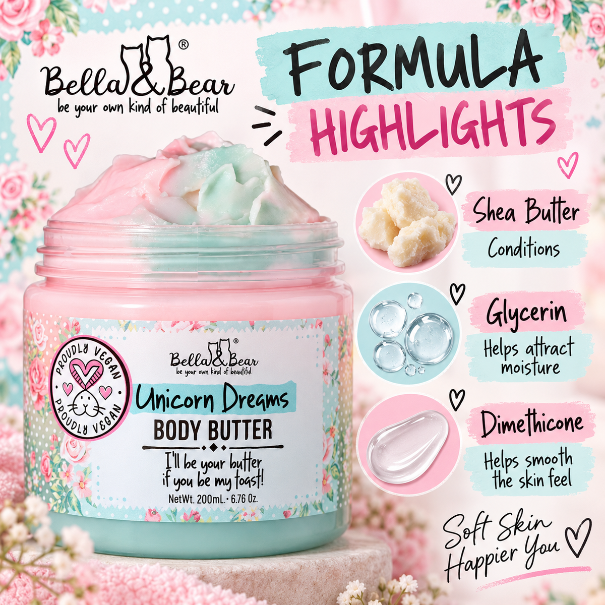 Bella & Bear Unicorn Dreams Body Butter formula highlights infographic