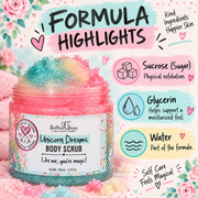 Bella & Bear Unicorn Dreams Body Scrub formula highlights infographic