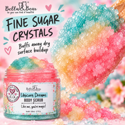 Bella & Bear Unicorn Dreams Body Scrub fine sugar crystal texture infographic