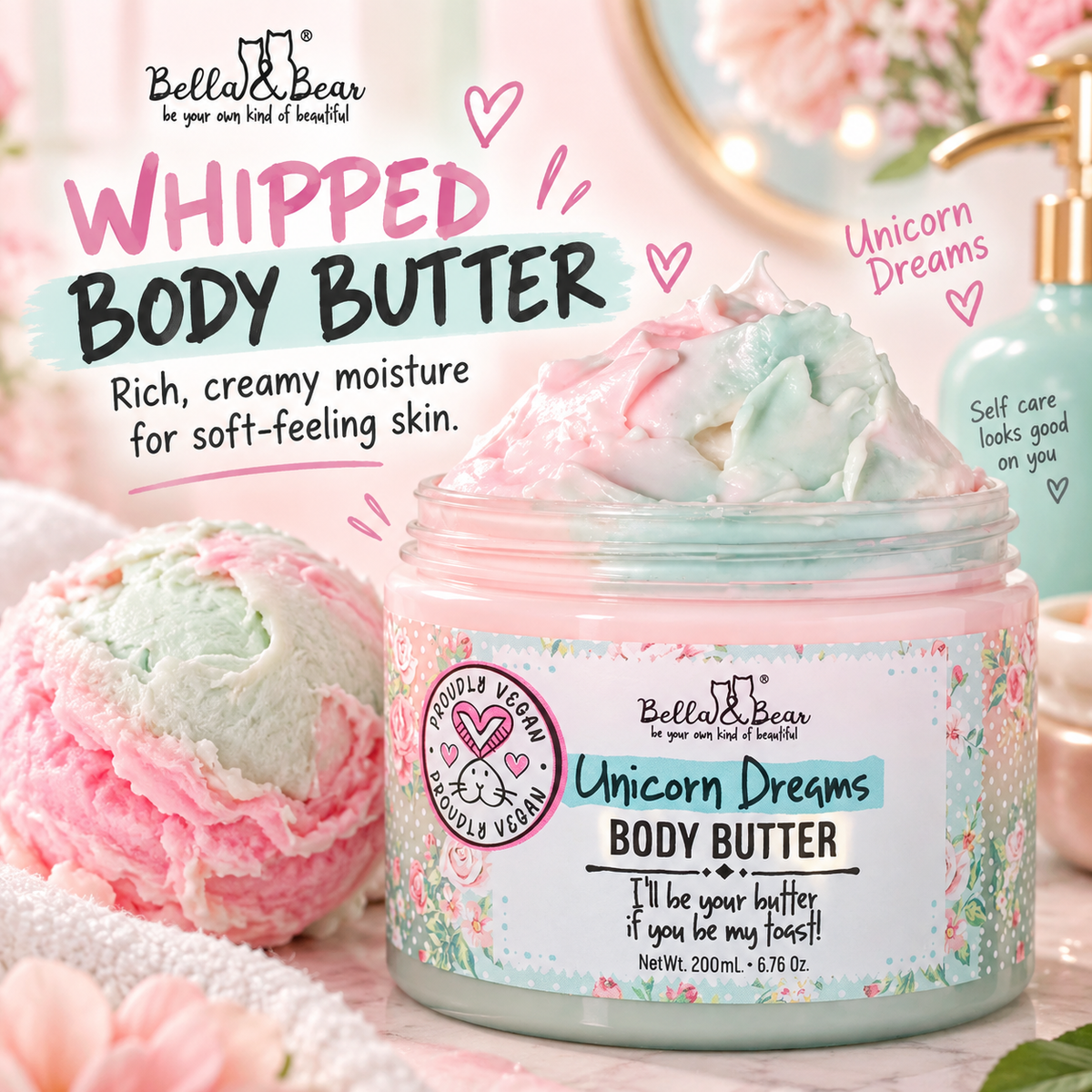 Bella & Bear Unicorn Dreams Body Butter whipped texture infographic