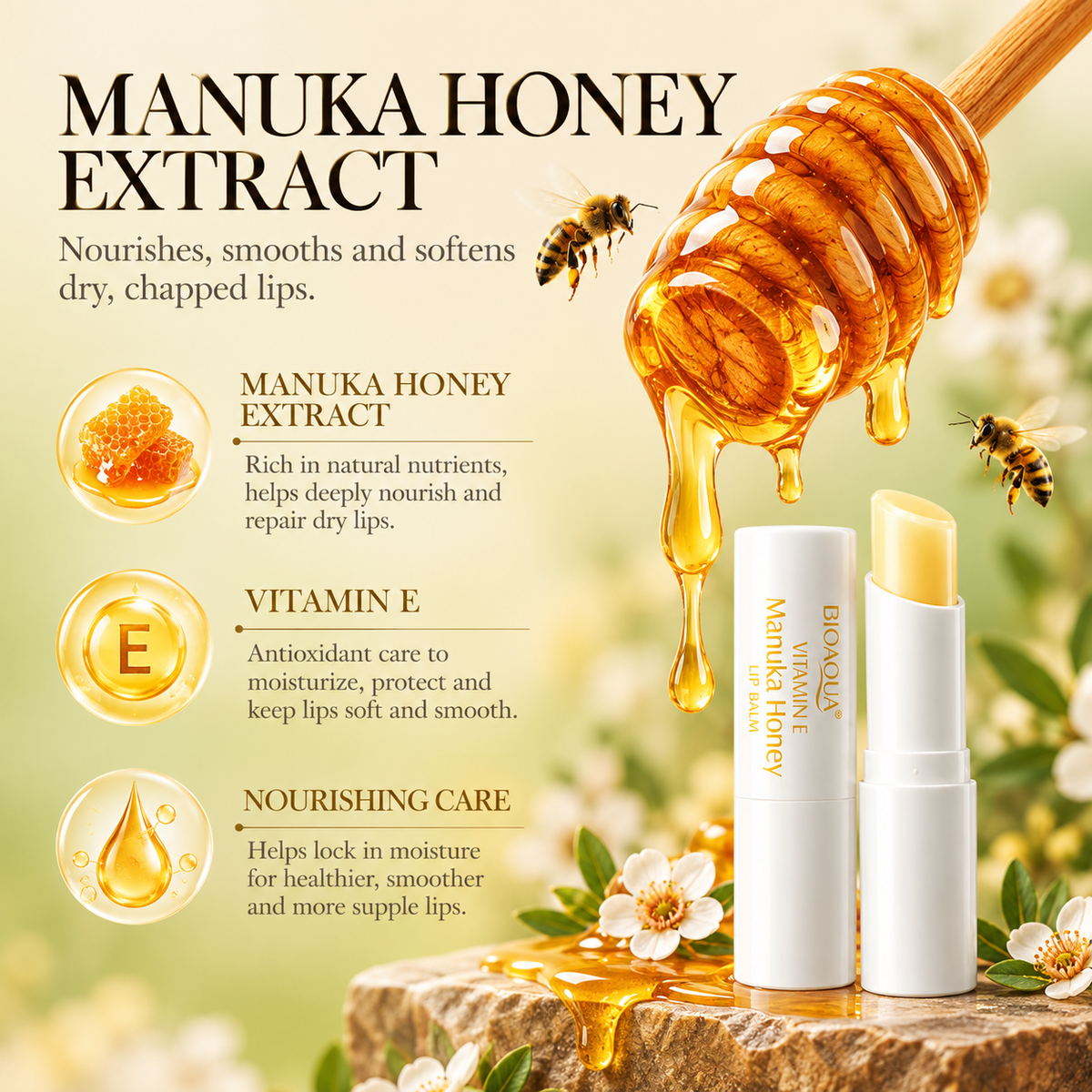 BIOAQUA Manuka Honey Lip Balm Manuka honey and vitamin E infographic